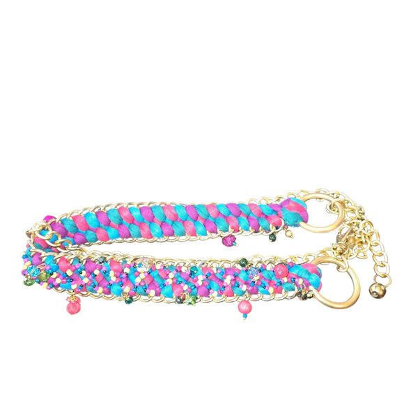 Chico's Multicolored Beaded Braided Fabric & Gold Tone Chain Belt OS/48" Long - Picture 6 of 12